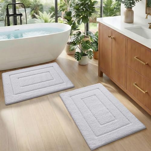 DEXI Bathroom Rug Set 2 Piece 32x20, Non Slip Washable Bath Mat for Shower Floor, Absorbent Soft Bathmat with Rubber Backing, Quick Dry Microfiber Carpet, White