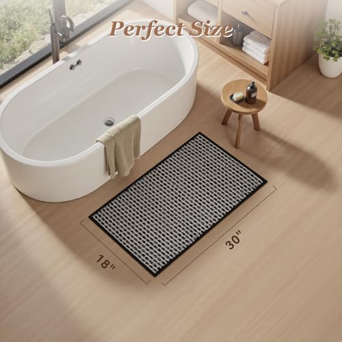 AMOAMI Unique Woven Bath Mat, Super Absorbent Non Slip Bath Mats for Bathroom Floor Textured Bathroom Mat Quick Dry Washable Bath Rug Boho Thin Rugs for Bathroom Beside Tub, 18" x 30", Black - color: Black, size: 18" x 30"