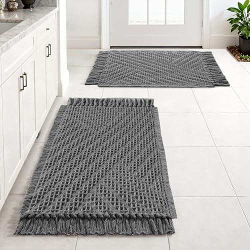 H.VERSAILTEX Waffle Bath Mat Super Absorbent Boho Bath Mat Non Slip Bath Rugs for Bathroom Floor Machine Washable Dry Fast Bathroom Rugs with Tassels (20 x 32 Plus 17 x 24 Inches, Gray) - color: Grey, size: 20" x 32" Plus 17" x 24"