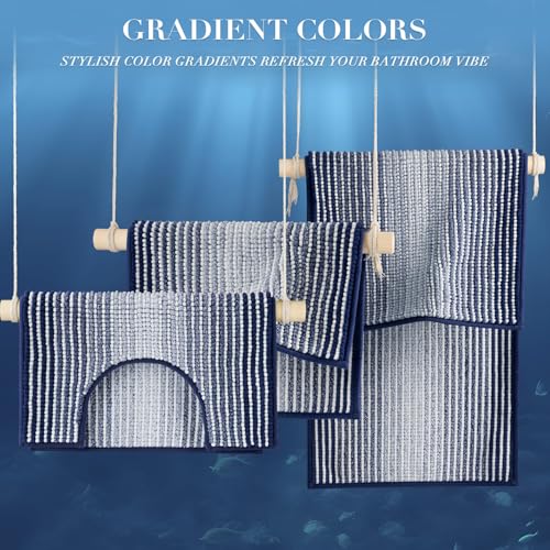 BSICPRO Bathroom Rugs Sets 3 Piece, Toilet Rugs U-Shaped Contour Bath Mat Set, Striped Absorbent Non Slip Chenille Shower Mat, Navy Blue - color: Navy Blue, size: 20"x32"+16"x24"+U Shape 20"x24"