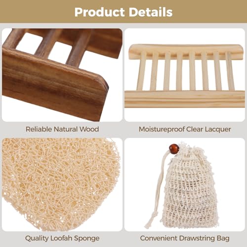 60PCS Soap Saver Set,Bamboo Soap Holder Including 20 Wood Soap Dishes with Waterproof Lacquer, 20 Loofah Soap Pads, 20 Cotton Linen Drawstring Soap Bags, Soap Saver Set for Bathroom, Shower, Travel