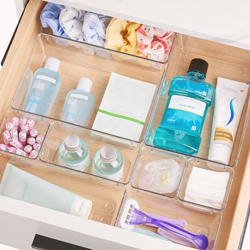 Vtopmart 25 PCS Clear Plastic Drawer Organizers Set, 4-Size Versatile Bathroom and Vanity Drawer Organizer Trays, Storage Bins for Makeup, Bedroom, Kitchen Gadgets Utensils and Office - color: Clear