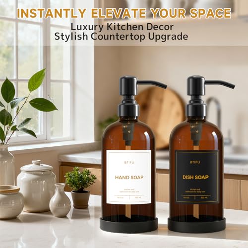 Kitchen Soap Dispenser Set – 16.8oz/500ml Glass Hand and Dish Soap Dispenser with Stainless Steel Pumps & Non-Slip Silicone Base, Luxury Countertop Decor for Home, Airbnb, Hotel (Amber & Black) - color: Amber & Black