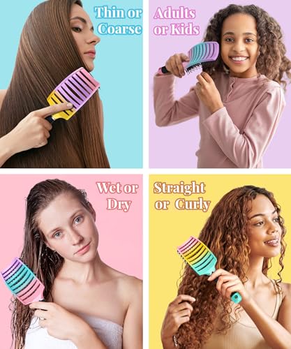 KTKUDY Detangling Brush Boar Bristles Hairbrush Make Hair Shiny & Healthier Curved and Vented Detangler Brush for Women Men Kids Wet & Dry Hair (Rainbow) - color: Green-Yellow-Pink Gradient