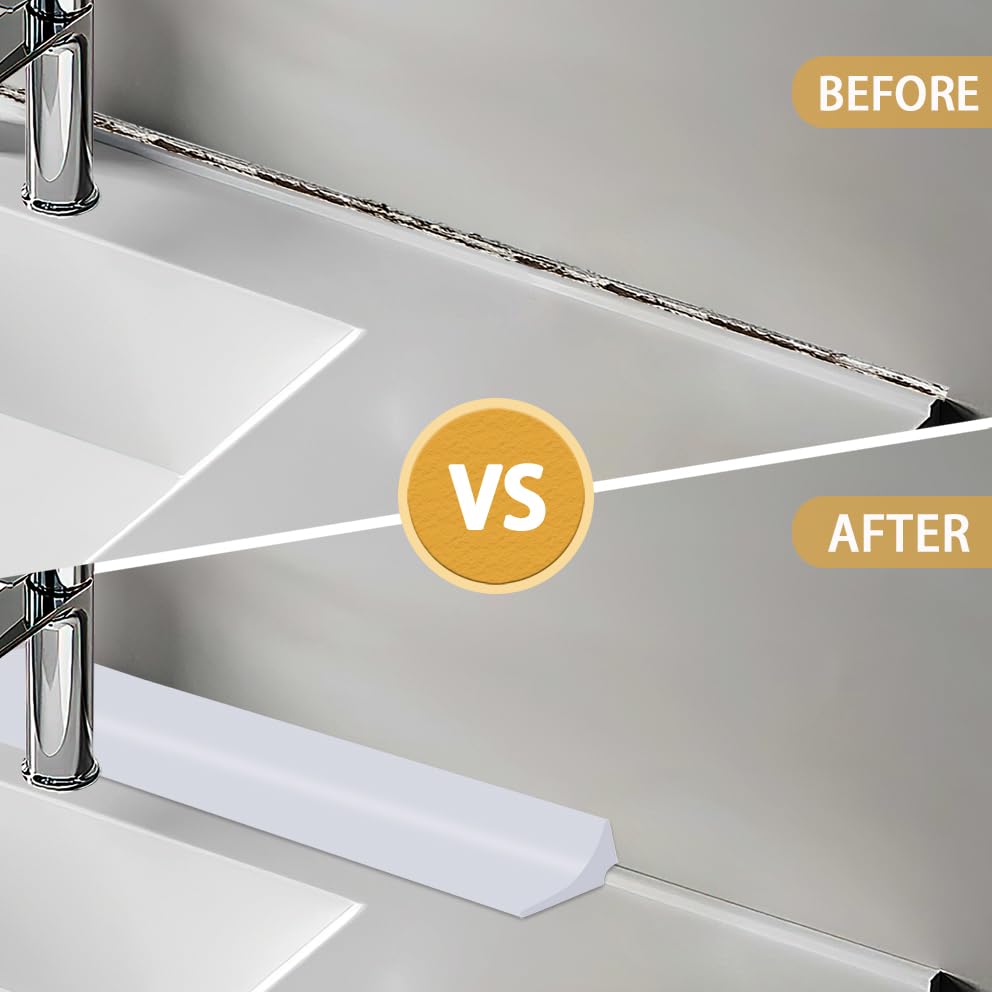 Soengsau Peel and Stick Splash Guard for Countertop, Shower Water Dam Barrier, Waterproof Caulk Seal Strip for Kitchen and Bathroom Sink Cooktop Edge (White, 39" L x 0.59" H)