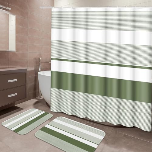 ArtSocket Green Striped Bathroom Set with Shower Curtain and Bath Rugs and Accessories,Boho Modern Non-Slip Shower Curtain Set,Bathroom Decor 3 Pcs - color: Green Striped