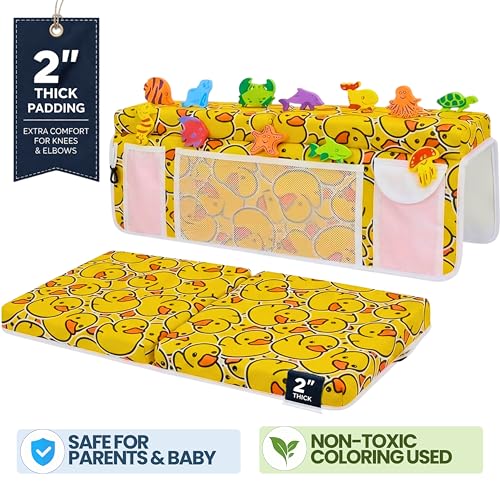 Bath Kneeler –8 Suction Cups & 2" Thicker Padding.Certified Bath Kneeling Pad for Bath Tub & 5 Bath Toy Organizer. Fast Dry Bath Kneeler and Elbow Rest Pad Set. Baby Bath Essentials by Supa Ant-Duck - color: Yellow Duck With White Pockets