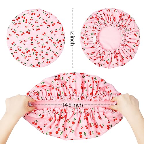 Shower Cap for Women Terry Lined Bath Cap Large Reusable Waterproof Elastic Band Pink Shower Caps for Long Thick Hair Soft Bath Shower Hair Caps - color: Pink Cherries