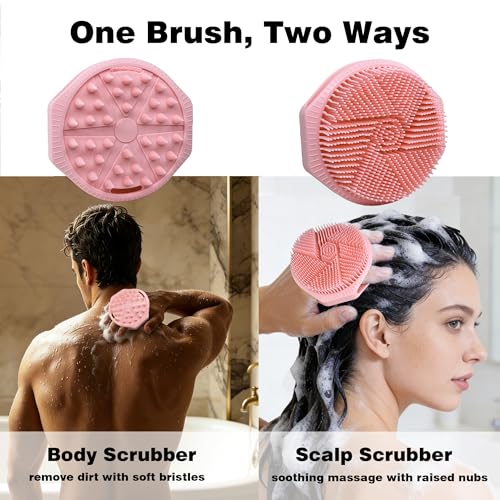 Silicone Body Scrubber for Men Women, Dual-Sided Bath Brushes Gentle Exfoliating Body Scrubber Scalp Massager for Deep Cleansing, Soft Silicone Loofah Body Washing Brushes (Pink) - color: Pink