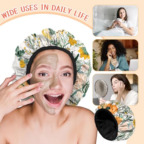 Luxury Shower Cap Terry Lined Reusable Triple Layer Waterproof Hair Elastic Caps Shower Bath Hat for Women Girls Cute Aesthetic-Orange Flower - color: AL1-Orange Flower