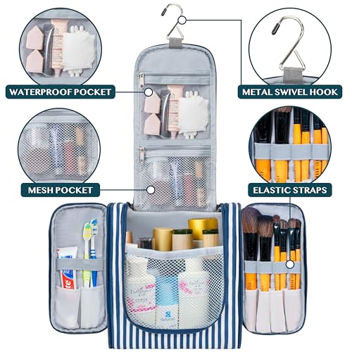 PAVILIA Toiletry Bag Travel Bag for Women Men, Hanging Cosmetic Organizer, Water Resistant Makeup Bag for Accessories Toiletries, Large Travel Essentials Kit (Stripe Navy) - color: Stripe Navy, size: Standard (9x4x9)