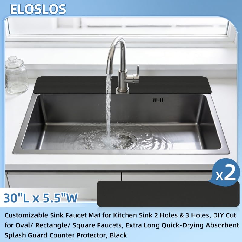 2Pcs 30" L x 5.5" W Customizable Sink Faucet Mat for Kitchen Sink 2 Holes & 3 Holes, DIY Cut for Oval/Rectangle/Square Faucets, Extra Long Quick-Drying Absorbent Splash Guard Counter Protector, Black - style: 2 Pcs Black