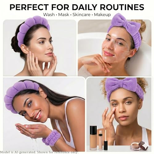 Skincare Headband Washing face Wristband Set, Purple | Soft absorbent fabric, snug head-hugging fit for face washing, skincare, makeup, masks, travel, women and teen girls - color: Purple