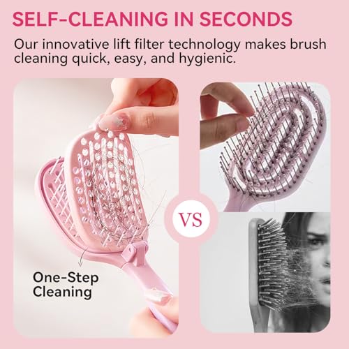 Self Cleaning Hair Brush, Curved Vented Detangler Brush for Faster Blow Drying, Anti-Breakage Wet & Dry Hair Brush for Women Men Kids, All Hair Types, Folding Travel Brush, Pink - color: Pink