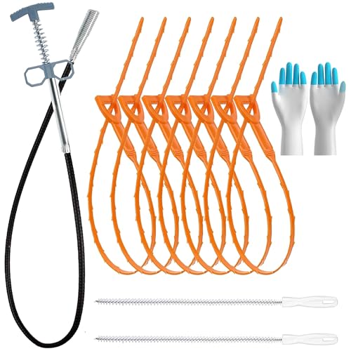 10 Pack drain clog remover Kit with 79 inch Flexible drain snake Tool 7 Hair Removers 2 Cleaning Brushes and 1 Pair Reusable Gloves for Home Use - style: Pack10-79"