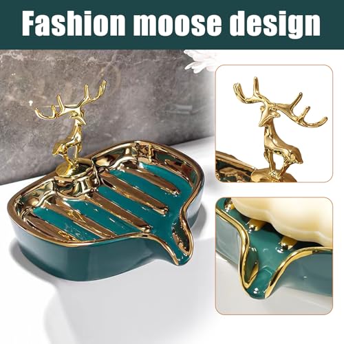 Soap Dish, Luxurious Ceramic Soap Dish Self Draining Soap Holder Tray Easy Cleaning Soap Saver for Shower Bathroom Kitchen Sink Bathtub Hotel Travel(Green Painted in Gold) - color: Green Painted in Gold