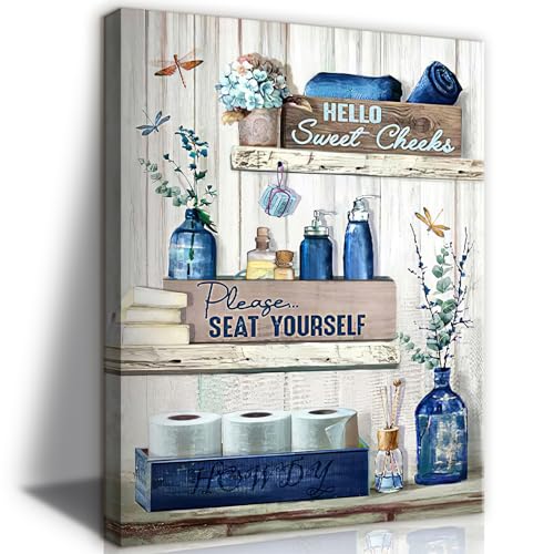 BJVJKSU Navy Blue Bathroom Decor Wall Art Rustic Blue Bathroom Canvas Wall Decor Please Seat Yourself Sign Print Painting Vintage Aesthetic Picture Artwork Decor(12x16in) - color: Blue Wrapped Canvas, size: 16"L x 12"W