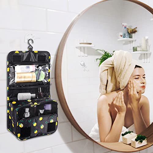 Pengxiaomei Hanging Toiletry Bag, Black Waterproof Cosmetic Bag Portable Lemon Makeup Pouch Travel Wash Bag with Handle for Woman Teen Girls Birthday Gifts - color: Black