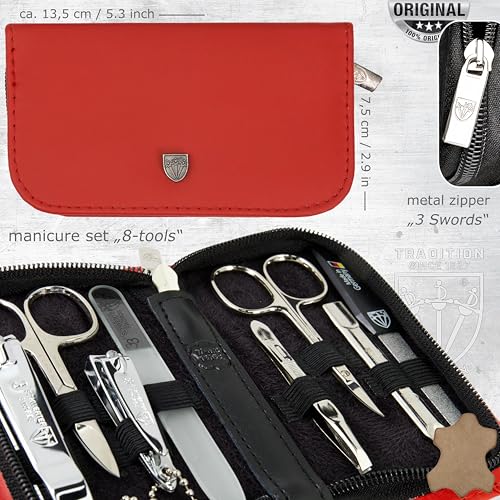 3 Swords Germany – brand quality 8 piece manicure pedicure grooming kit set - color: RED - GENUINE LEATHER