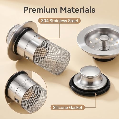 4-Piece Sink Drain Kit: Stainless Steel Strainer Stopper with Handle & Removable Hair Catcher for Kitchen/Bathroom Sinks (1.34"-1.57" Hole), Includes 2 Rubber Gaskets