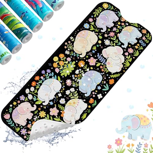 XIYUNTE Baby Bath Mat for Tub Non Slip Kids, BPA Free Extra Long Bathtub Mat 40x16 with Drain Holes and 200 Suction Cups, Non Toxic Machine Washable Toddler Bath Mat, Eco-Friendly Certified - color: Black Elephant