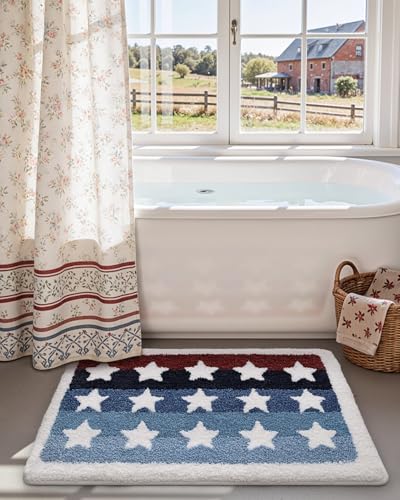 DEXI Rustic Star Bathroom Rug, 32x20 Non Slip Washable Bath Mat Absorbent, Ultra Soft Plush Microfiber Bathmat Quick Dry for Shower Floor, Tub, Sink, Colorful Stripes - color: Stripes Blue and Star, size: 32" X 20" (Rectangular)