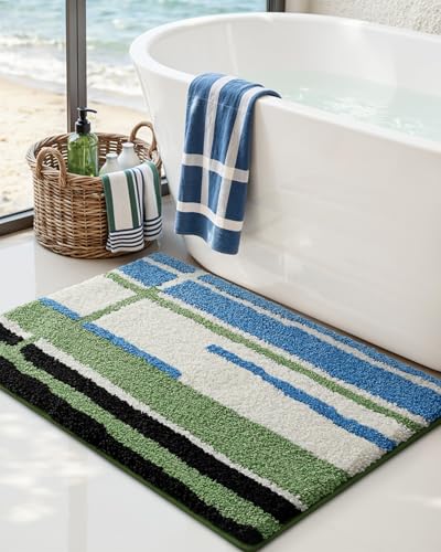 DEXI Striped Bath Mats for Bathroom 24x16, Washable Absorbent Bathroom Rugs with Non Slip Backing, Extra Soft Plush Microfiber Shower Rugs for Tub, Floor, Sink, Blue and Green - color: Green and Blue, size: 24" X 16" (Rectangular)