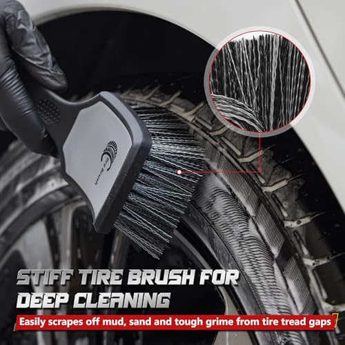 BMLEI Wheel & Tire Brush Set, 2 Pack Car Wheel Brush & Tire Cleaner Brushes, Soft Bristle Rim Brush and Stiff Tire Scrub Brush, Scratch-Free Wheel Cleaning Kit for Car Detailing, Trucks, SUVs - color: Gray&black