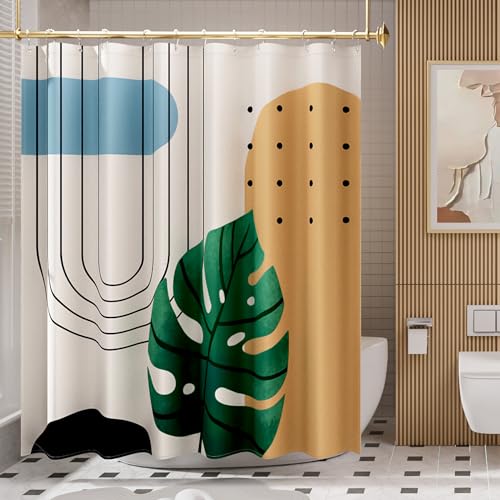 AmazerBath Boho Shower Curtain, Beige and Brown Abstract Cloth Shower Curtain with 12 Metal Hooks, Luxury Washable Farmhouse Polyester Fabric Bathroom Green Leaf Shower Curtain Set, 72x72 Inches - color: D- Boho Leafy+12 Metal Hooks, size: 72"W x 72"L (Pa