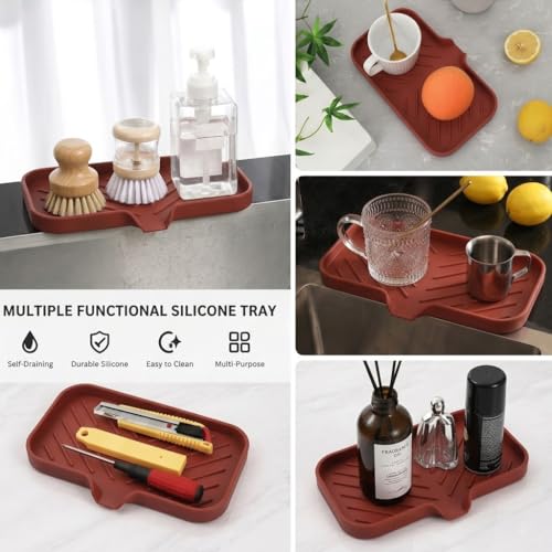 MicoYang Silicone Soap Dish with Drain Spout — Self-Draining Sink Organizer Tray for Bathroom & Kitchen, Sponges, Dispensers & Soap Holder, Non-Slip & Dishwasher Safe, Red (Medium, 9.6"×5.3") - color: Red, size: M(9.6"×5.3")