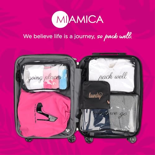 MIAMICA TSA Compliant Travel Bottles and Travel Toiletry Bag – Includes 12 Pieces – 7.55" L x 7.4" W x 1.8" D, Clear – Cute Travel Gifts - color: Black/Gold, size: 12-Piece