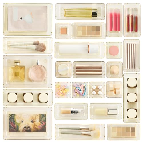 Vtopmart 25 PCS Clear Plastic Drawer Organizers Set, 4-Size Versatile Bathroom and Vanity Drawer Organizer Trays, Storage Bins for Makeup, Bedroom, Kitchen Gadgets Utensils and Office - color: Clear Champagne