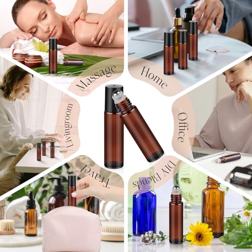 10ml Roller Bottles for Essential Oils, 4 Pack Glass Roll on Bottles, Refillable Perfume Bottle, with Stainless Steel Roller Balls, 2 Droppers, 1 Opener, Labels (Amber) - color: Brown