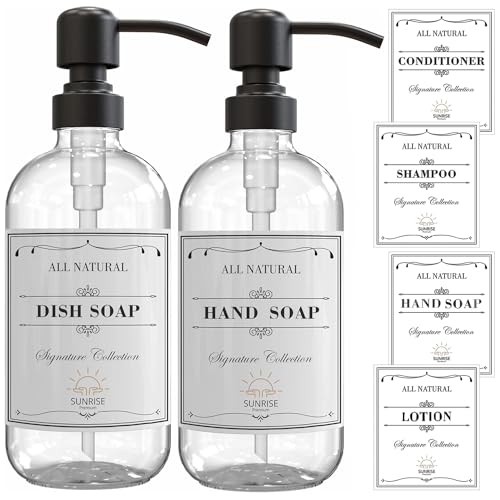 Sunrise Premium 2 Pack Clear Glass Soap Dispenser 16 OZ with Matte Black Stainless Steel Pump, Hand and Dish Soap Dispenser Set for Bathroom and Kitchen Sink with 6 Waterproof Labels - color: Matte Black Ss Pump - Clear Glass