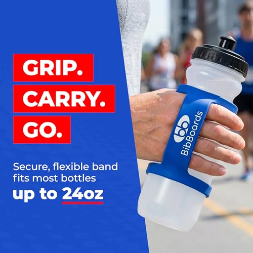 BibBoards Hydro Loop Silicone Water Bottle Band – Hands-Free Carry Strap for Running, Gym & Training | Flexible Water Bottle Holder & Grip Band Fits Most Bottles for Travel & Outdoor Activities - color: Blue
