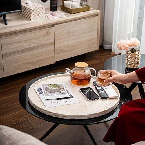 PEMAR 22" Round Mother of Pearl Extra Large Ottoman Tray with Raised Edge, Oversized Decorative Luxury Wooden Serving Tray for Food, Coffee Table, Breakfast in Bed (White Cream Sunlight)