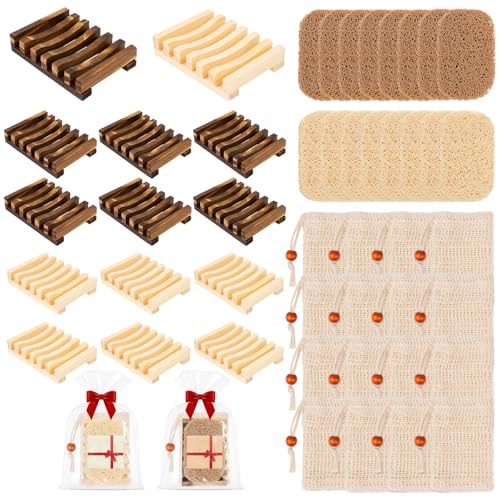 Supkiir 48 Pcs Soap Saver Set Including 16 Pcs Wooden Dish Holder, 16 Pcs Exfoliating Bag and 16 Pcs Saver Pads with Self Drain, Mix-color Soap Accessories Set for Shower Bath Toilet Kitchen and Hotel