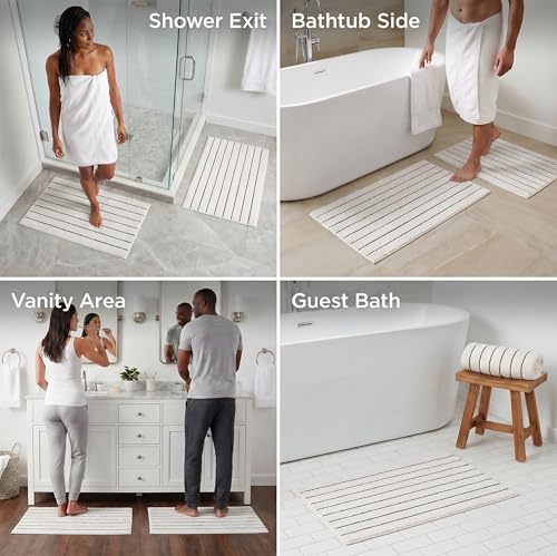 Herringbone Bath Mat Set of 2, Turkish Cotton Tencel Blend, Absorbent Quick Dry, 20x32 Inch, Oeko-TEX Certified, Made in Turkey - color: Warm Cream