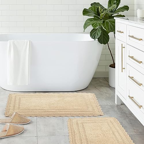 TreeWool 2-Pack Gorjeeus Collection Soft Reversible Bathroom Rug Cotton Bath Mat Set with Crochet Border - Rectangle (19" x 26"; Beige) - color: Beige