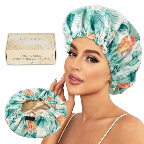 Luvruitaky Large Shower Caps for Women Reusable Waterproof Satin Lined Shower Cap with Adjustable Band Double Layer Design Luxury Washable Bath Hair Bonnet (Pineapple Palm) - color: Pineapple Palm