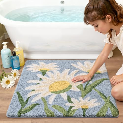 LUMI Bathroom Rugs Cute Daisy, Soft Absorbent Square Bath Mat Non-Slip, Machine Washable Quick Dry Blue Luxury Rug Flower for Kids Room, Bathtub, Home Decor, 32"x32" - color: Blue Daisy, size: 32"x32"(Square)