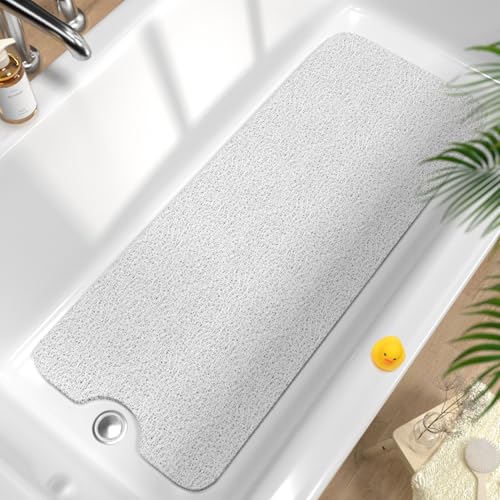 HITSLAM Non Slip Bathtub Mat 40 x 16 Inch, Extra Long Bath Mat for Tub, Soft PVC Loofah Shower Floor Mat with Drain, Quick Drying Bathroom Tub Mat for Wet Area, Without Suction Cup, White - color: White, size: 40" x 16" (Rectangular)