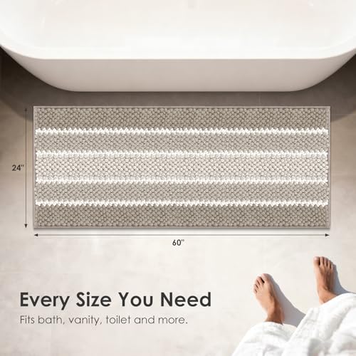ArtyCozy Bathroom Rug, Extra Thick Absorbent Chenille Striped Pattern Shaggy Bath Mat Non Slip, Soft Plush Bath Floor Mats, Machine Washable, Brown, 24"x60" - color: Brown, size: 24" × 60"