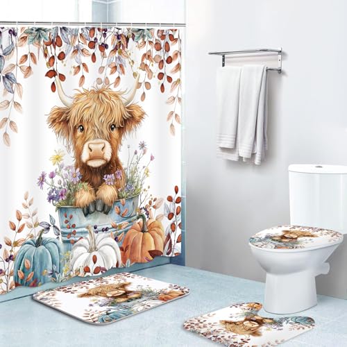 4PCS Fall Highland Cow Shower Curtain Bathroom Sets with Rugs, Toilet Lid Cover and Bath Mat, Autumn Pumpkin Thanksgiving Farmhouse Country Bathroom Decor Set with 12 Hooks - color: Fall Highland Cow