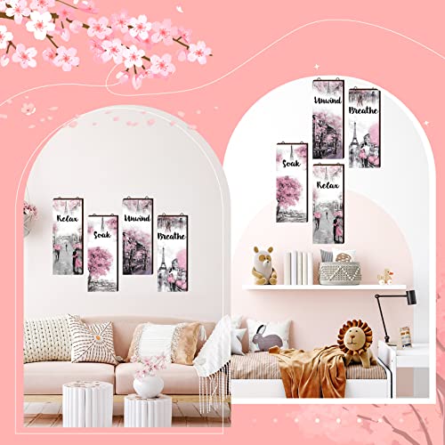 Gerrii 4 Pcs Pink and Grey Bathroom Decor Paris Decor Relax Soak Unwind Breathe Wall Art Farmhouse Bathroom Wedding Newlywed Home Spa Laundry Accessories Wood Hanging Sign(14.57 x 5.79 Inch,Rectangle) - size: 14.57 x 5.79 Inch, style: Rectangle