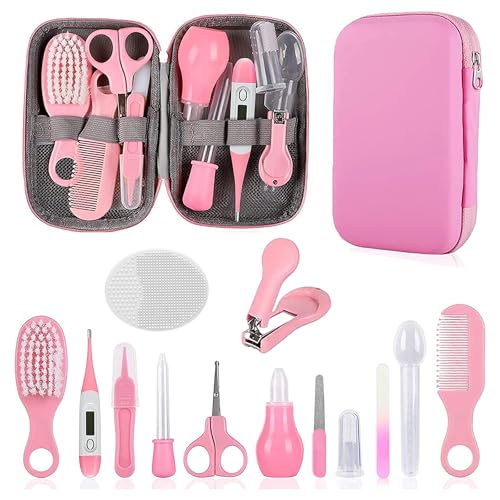 Baby Grooming Kit, Infant Safety Care Set with Hair Brush Comb Nail Clipper Nasal Aspirator,Baby Essentials Kit for Newborn Girls Boys (Pink) - style: Pink Kit+White Brush