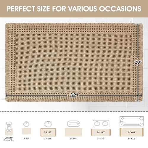 Upgraded Waffle Bath Mat, 32"x20" Beige-Bordered, Super Absorbent Non-Slip Quick Dry Bathroom Rugs with Tassels, Machine Washable Ultra Soft Boho Bath Rugs for Floor, Toilet Mats Boho Farmhouse Decor - color: Beige, size: 1'8" x 2'8" (Rectangular)