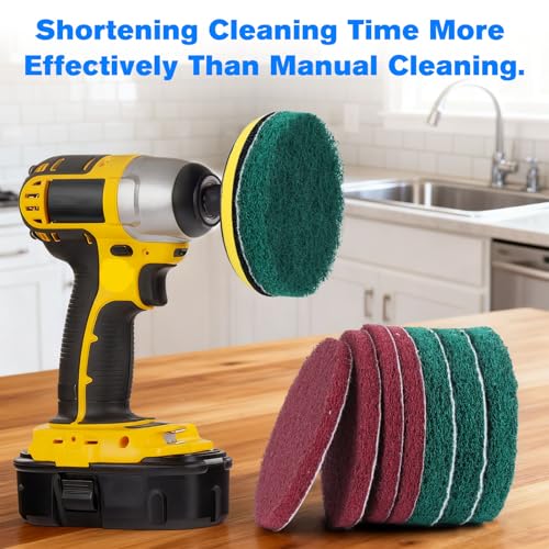 4-Inch Scrub Drill Brush Power Scouring Pads Household Cleaning Set 4 Red Pads 4 Green Pads 1 Drill Attachment and 1 Universal Shaft for Kitchen Bathroom Tiles Bathtubs Glass Porcelain