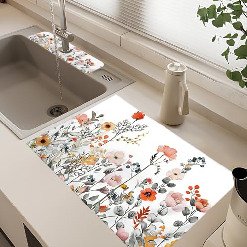 2Pcs Dish Drying Mats Faucet Mats Sets Large Size Coffee Mats Sink Faucet Mat Splash Guard for Kitchen Counter Bathroom Sink Coffee Bar Kitchen Decor (Colorful Wildflowers, 18"x24" 15" x 5.5"Set) - color: Colorful Wildflowers