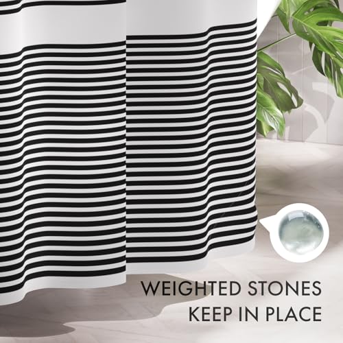 AmazerBath Long Shower Curtain, 72x78 Striped Black Fabric Shower Curtain Set with 12 Shower Curtain Hooks, Rustic Cloth Black and White Shower Curtain, Farmhouse Bathroom Shower Curtain Sets - color: A- Black Stripe +12 Metal Hooks, size: 72"W x 78"L (Pa